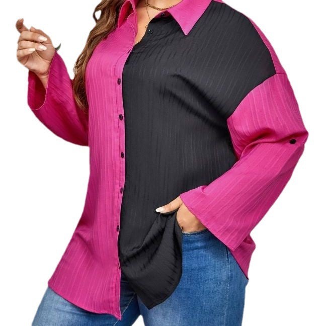 Casual Office Chic Elegant Women Plus Size Long Sleeve Lapel Color Blocking Shirt Blouse