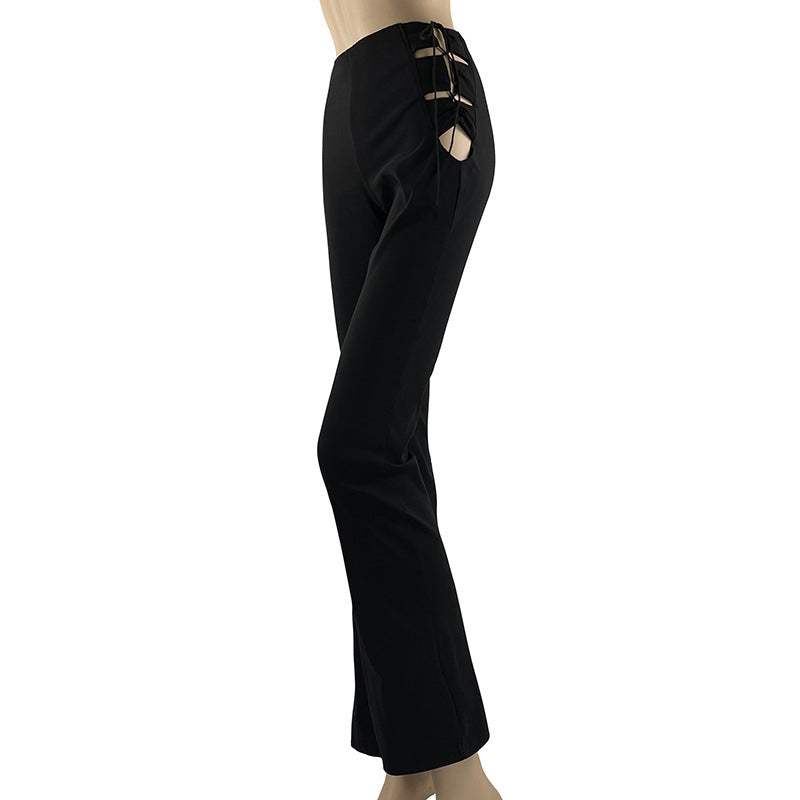 Women Elegant Casual Hollow Out Lace-up Solid Color Flared Pants