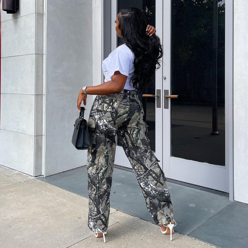 Women Casual Retro Multi-Pocket Camouflage Loose Cargo Pants