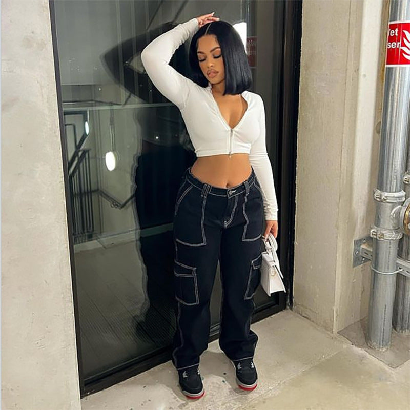 Women Fashion Casual Straight Stretch Cargo Pants Jeans