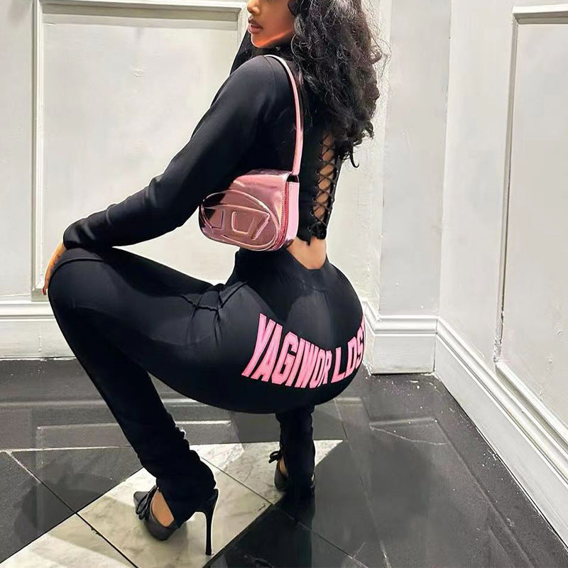 Conjunto de dos piezas de chaqueta y pantalones ajustados de punto con cremallera y manga larga para mujer