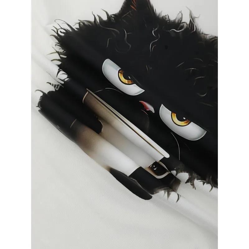 Camiseta informal de manga corta con estampado de gato para mujer