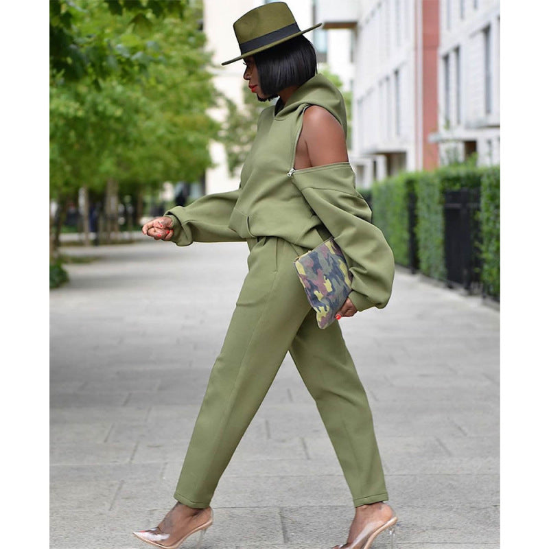 Conjuntos de sudadera con capucha y pantalones casuales de manga larga sin espalda para mujer de talla grande