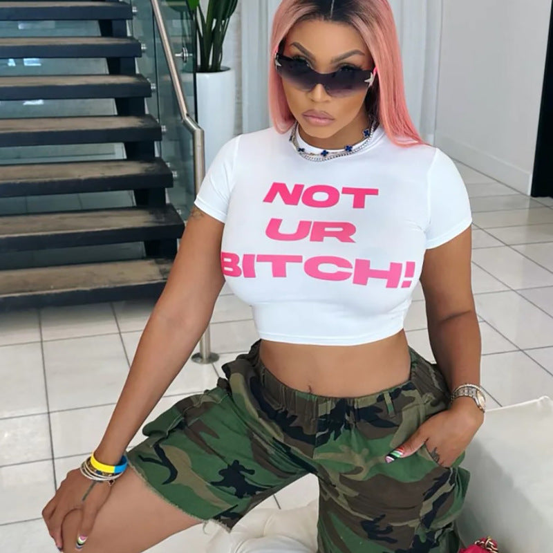 Camiseta corta informal de manga corta con cuello redondo y estampado de letras para mujer