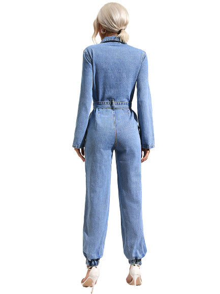 Women Fashion Casual Lapel Long Sleeve Pocket Denim Jumpsuits