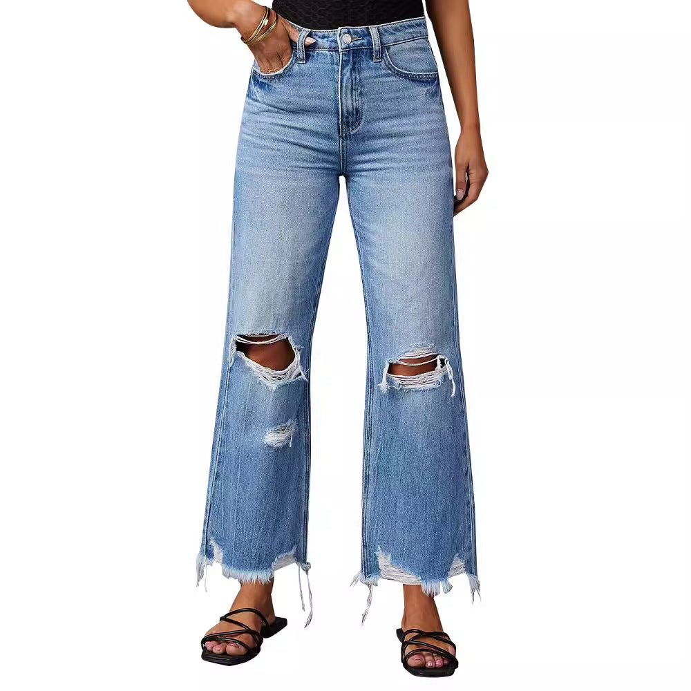 Women Casual Ripped High-Waist Straight Raw Hem Jeans