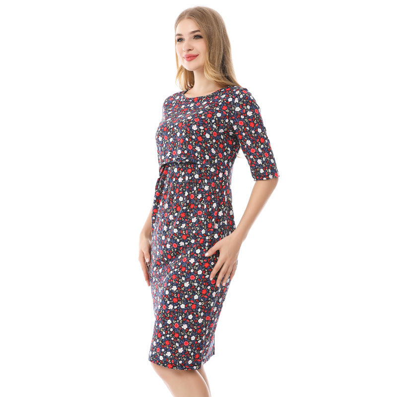 Vestido de lactancia de verano para embarazadas, informal, con estampado de flores pequeñas, cuello redondo y manga corta