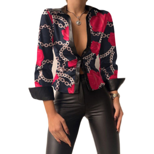 Blusa informal de manga larga con cuello en V y solapa para mujer