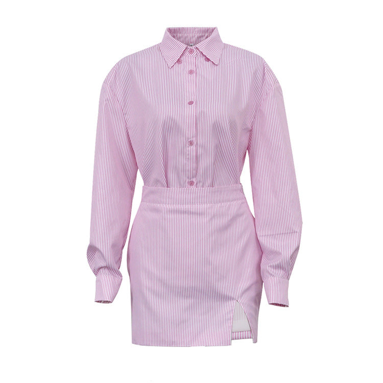 Conjunto de dos piezas de blusa de manga larga con solapa y rayas informales a la moda para mujer