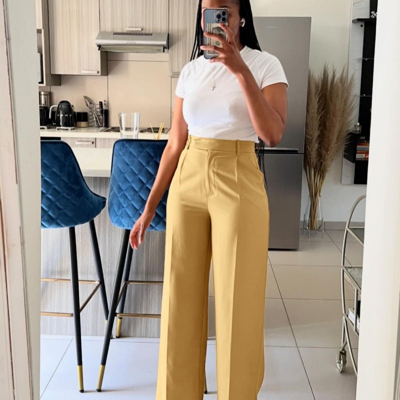 Women Fashion Casual Solid Color High Waist Wide Leg Pants