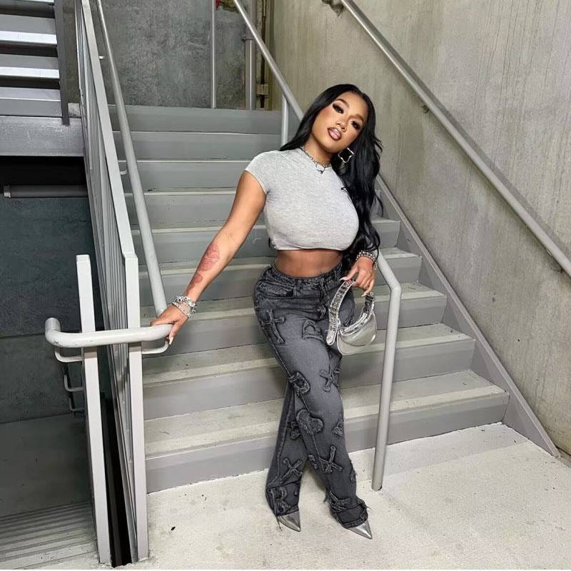 Women Fashion Casual Letter Straight Jeans