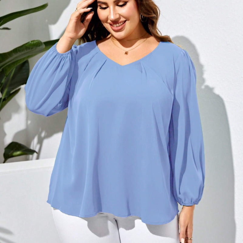 Women Fashion Solid Color Plus Size V-Neck Loose Casual Top