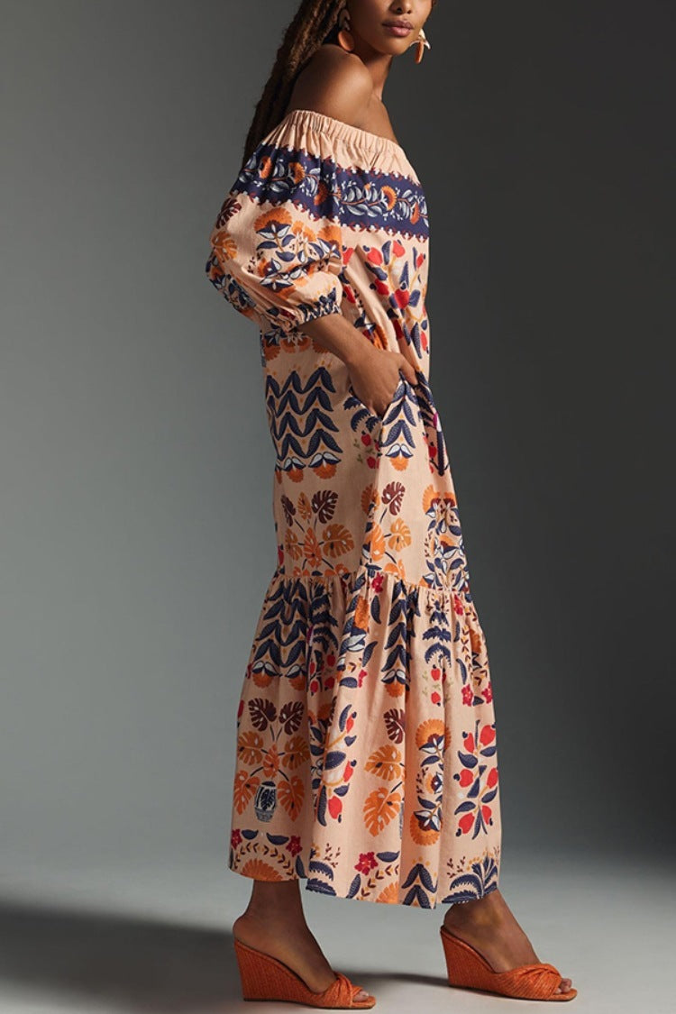Bohemian Women Casual Printed Off-Shoulder Loose Maxi Dress