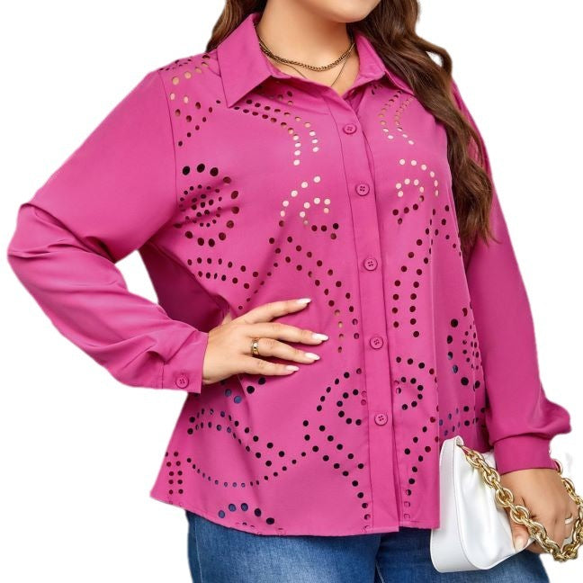 Women Plus Size Casual Office Elegant Hollow Shirt Loose Comfortable Lapel Solid Color Blouse