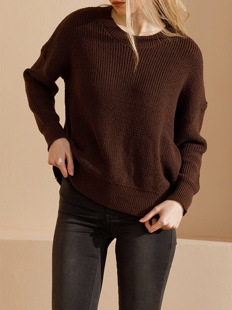 Suéter de punto de color liso con cuello redondo informal a la moda para mujer