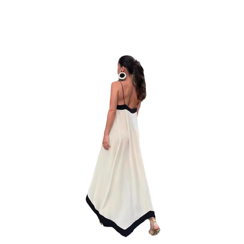 Women Summer Holiday Style Elegant Contrast V-Neck Spaghetti Sling Casual Maxi Dress