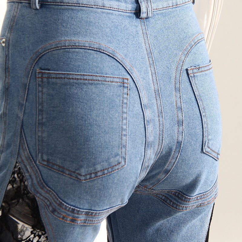 Vaqueros rectos de cintura alta con encaje y retazos informales a la moda para mujer