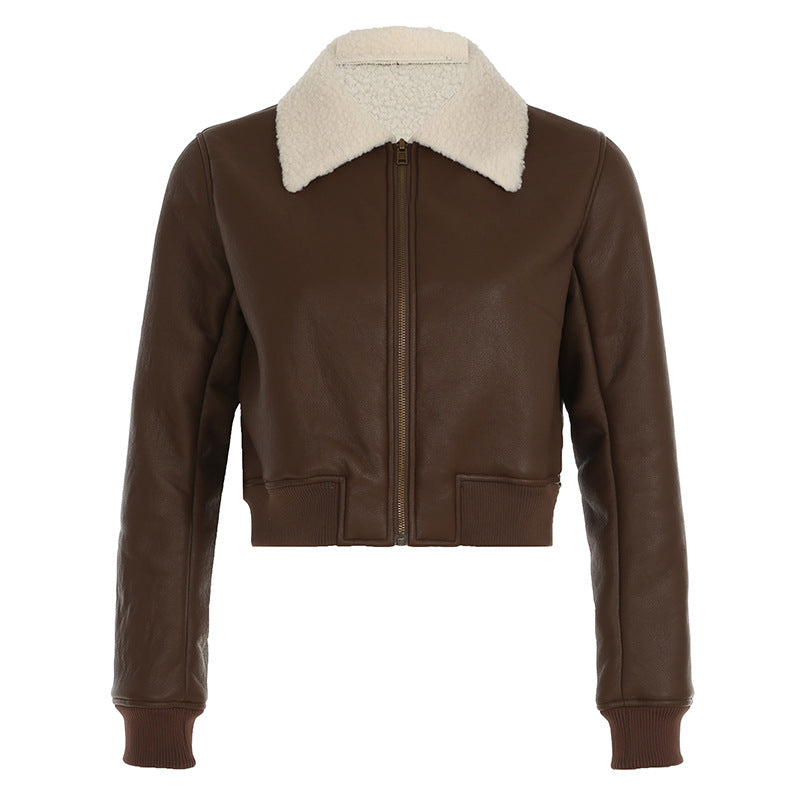 Chaqueta de cuero sintético con solapa de color Maillard para mujer, moda informal de otoño e invierno