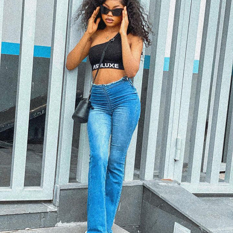 Vaqueros rectos elásticos de cintura alta informales a la moda para mujer