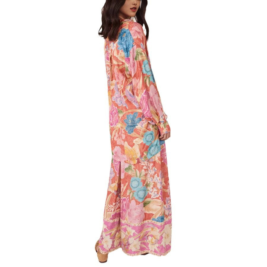 Conjunto de dos piezas de blusa y pantalones holgados de manga larga con solapa y estampado floral para mujer
