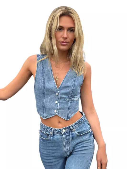 Chaleco vaquero informal con cuello en V para mujer