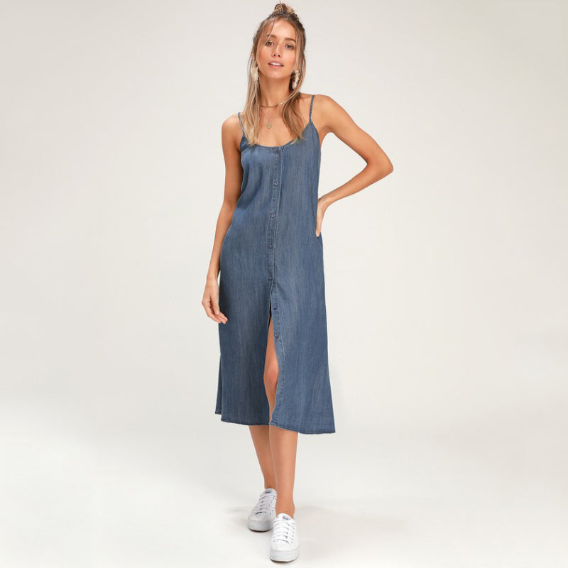 Vestido vaquero informal con tirantes y lazo en la espalda para mujer