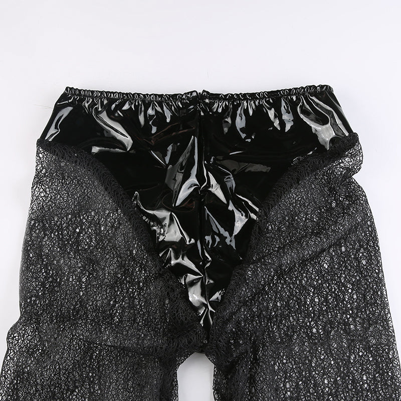 Women Clothes Shiny PU Leather Style Pencil Pant Patchwork See-Through Sexy Casual Long Trousers