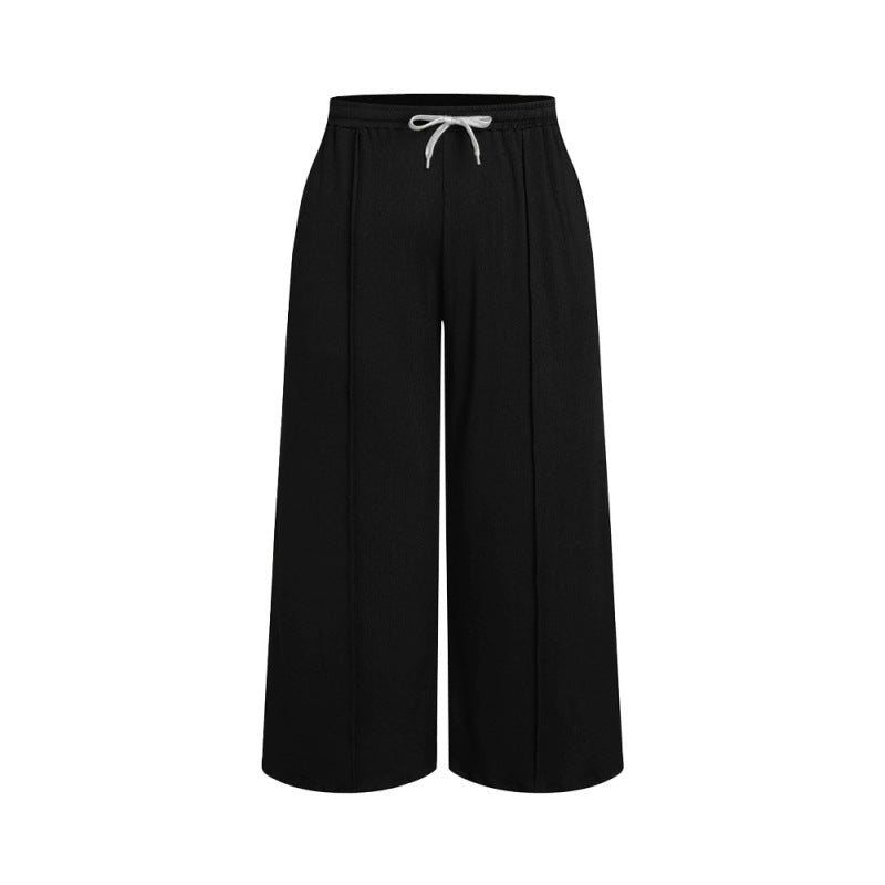 Plus Size Women Elastic Casual Office Drawstring High Waist Straight Trousers