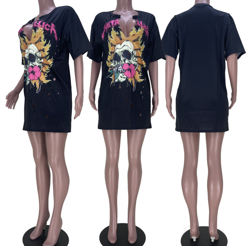 Camiseta informal de manga corta con abertura lateral y estampado gráfico atrevido para mujer