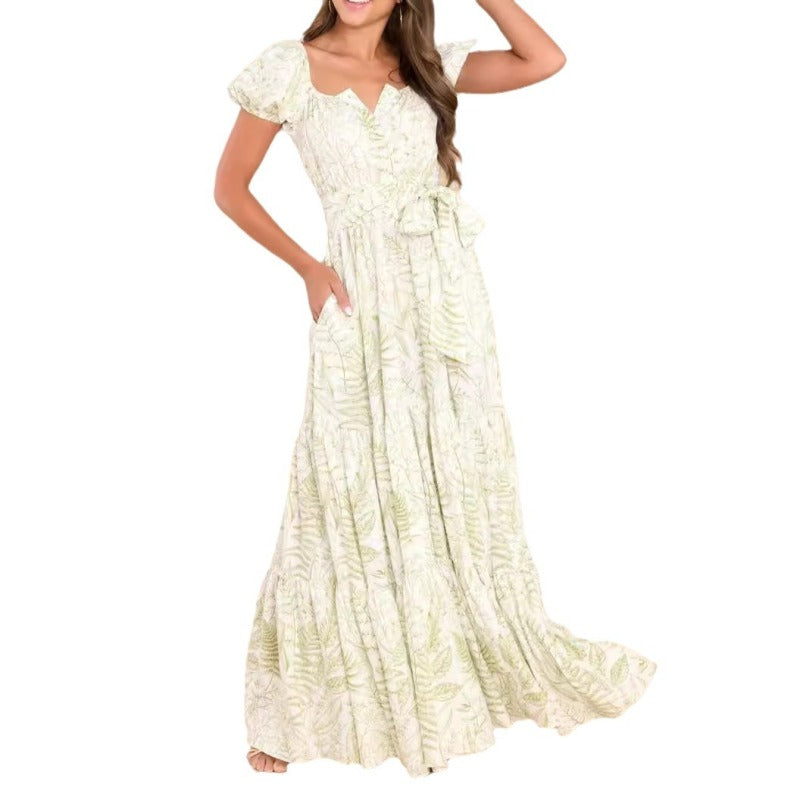 Women Casual Fashion Printed Puff Sleeve Maxi Dress