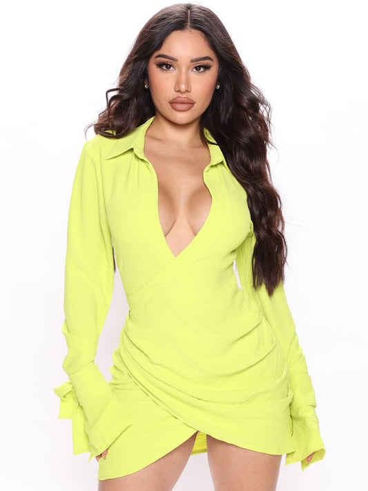 Summer Women Fashion Casual Deep V Lapel Cross Long Sleeve Mini Dress