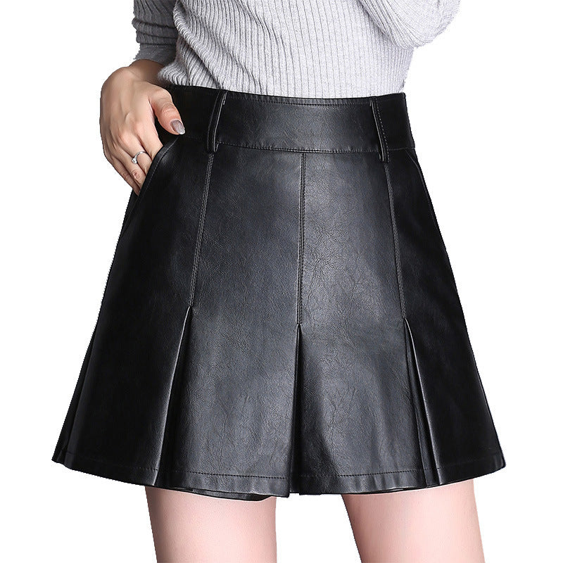 Falda plisada informal de cintura alta de color liso de cuero PU para mujer