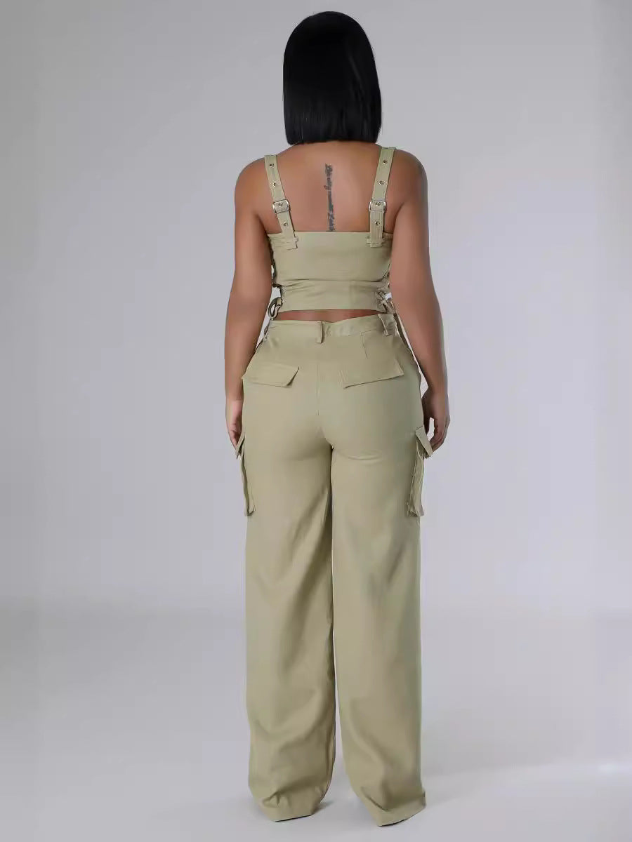Conjunto de dos piezas de camisola informal de verano para mujer, con múltiples bolsillos y cremallera, cintura alta y pantalones cargo