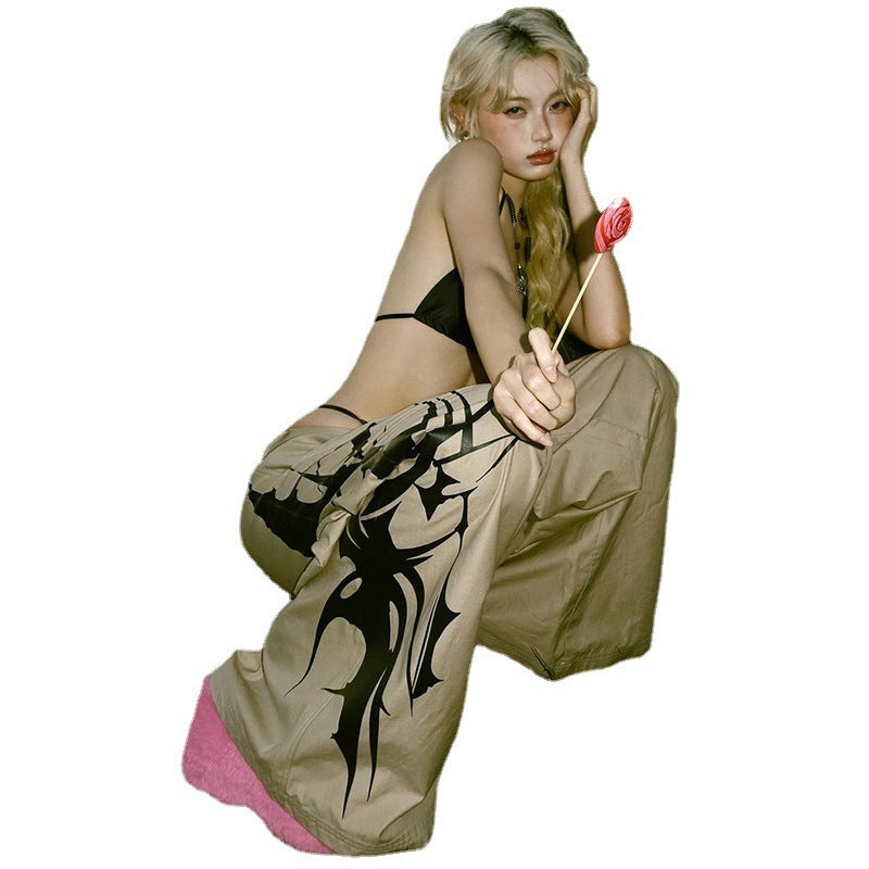 Pantalones rectos informales con cintura alta y estampado de pintura de tinta para mujer