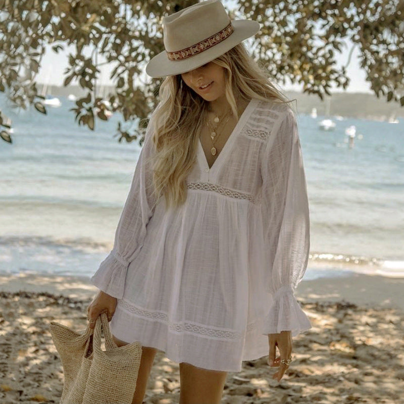 Women Solid Color V Neck Lace Lace Long Sleeve Loose Casual Beach Swimsuit Cover Up