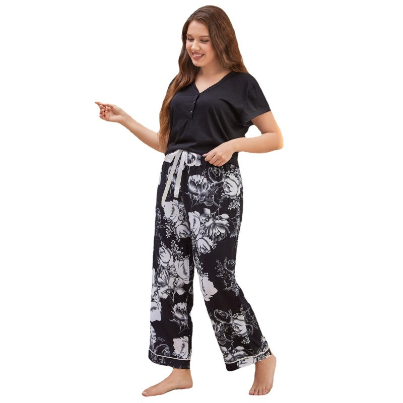 Conjunto de pijama informal de manga corta y pantalón de talla grande para mujer