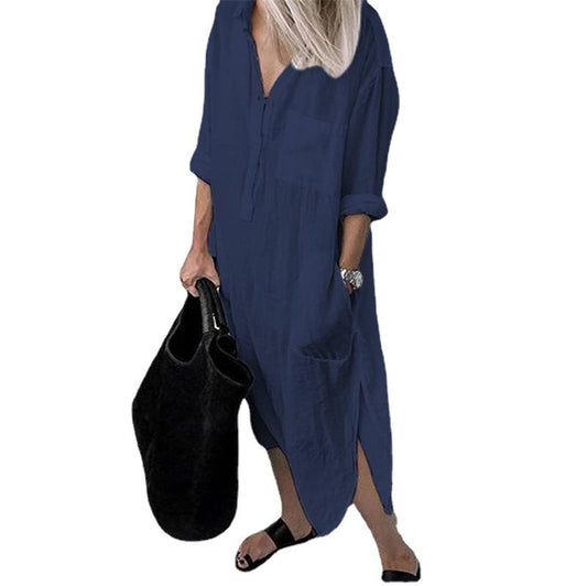 Women Casual Work Solid Color Side-slit Long Sleeves Lapel Shirt Dress