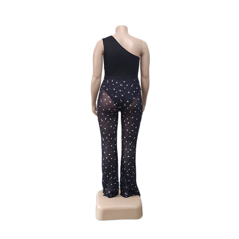 Women Fashion Casual One-Shoulder Mesh See-Through Polka Dot Printing Plus Size Jumpsuit