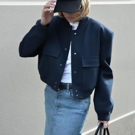 Chaqueta de manga larga con bolsillos grandes y cuello informal para mujer, moda de primavera y otoño