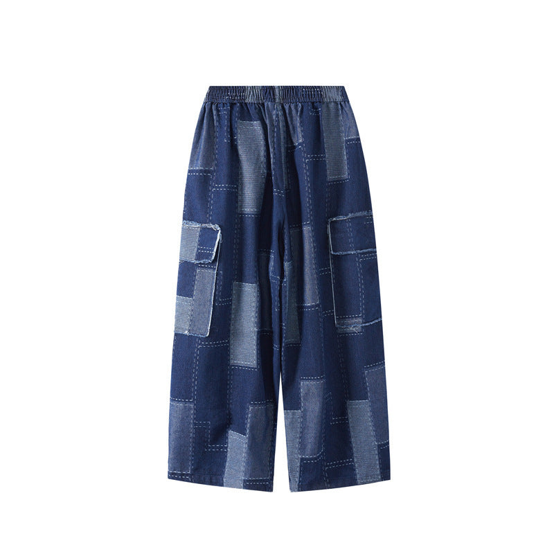 Pantalones cargo vaqueros holgados informales con parches y costuras para mujer, de pierna ancha y múltiples bolsillos
