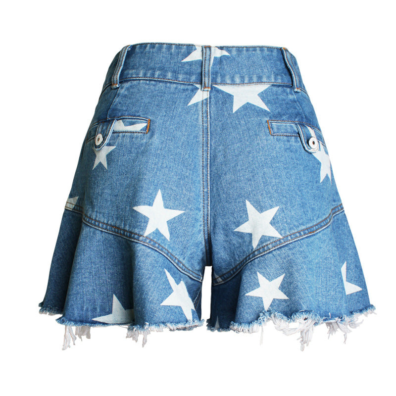 Women Fashion Casual Star Printing Ruffled Wide-Leg Denim Shorts