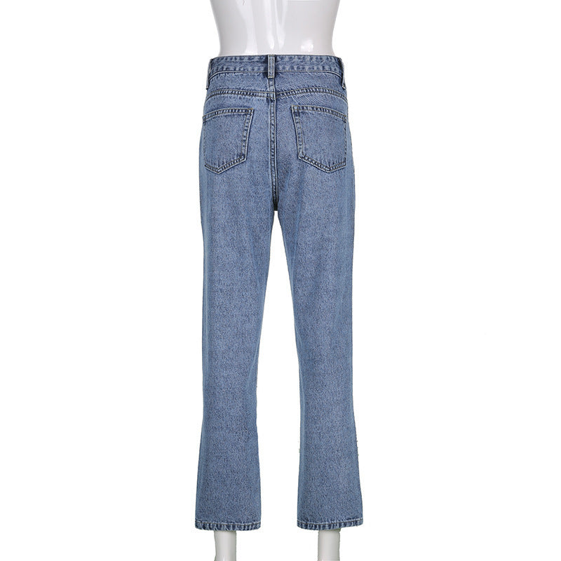 Vaqueros rectos con bordados faciales casuales a la moda para mujer