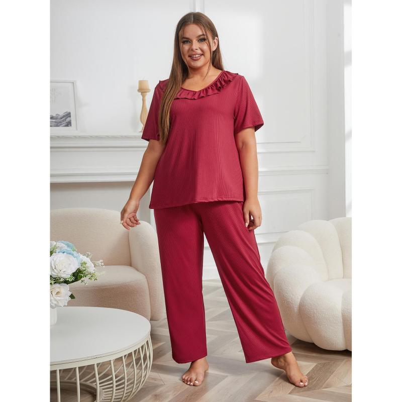 Women Casual Large Size Solid Color Short Sleeve Top And Pants Pajamas Set