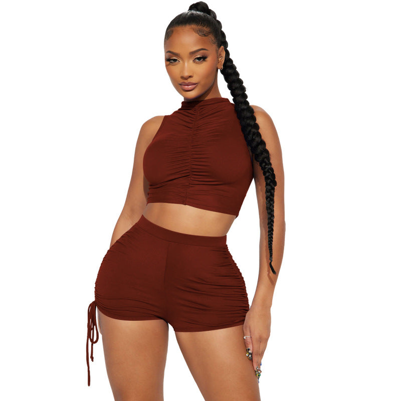 Women Athleisure Fashion Casual Solid Color Crop Top Drawstring Shorts Two-Piece Sports Set