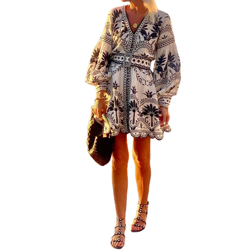 Women Casual Bohemian Print V-Neck Long Sleeve Dress
