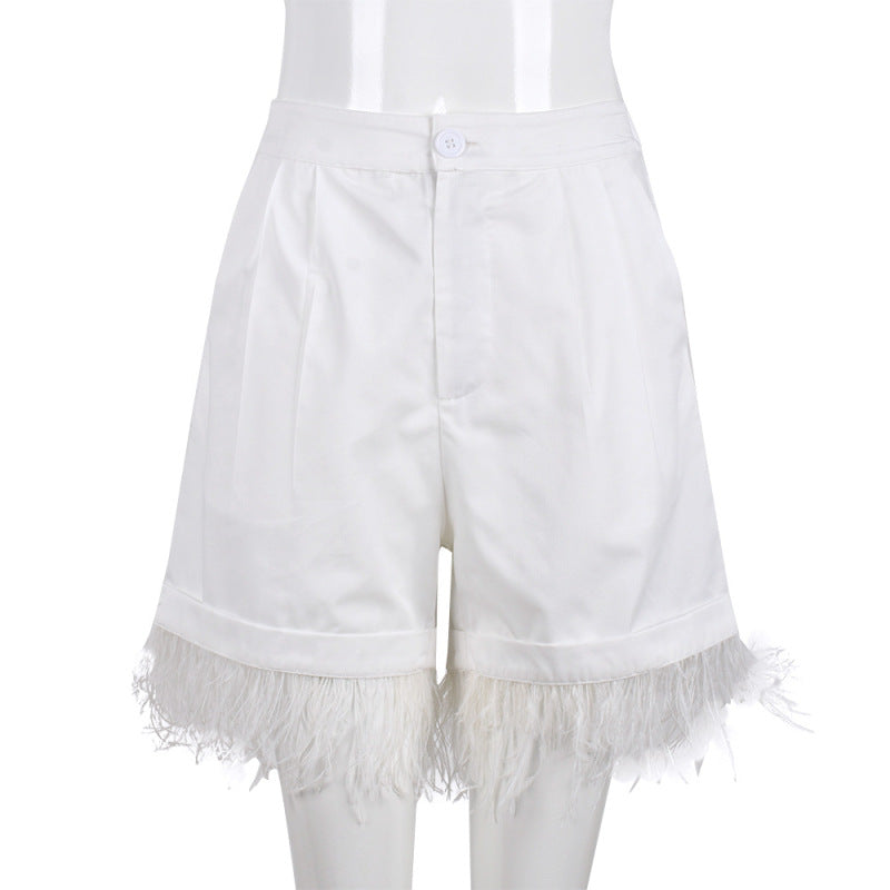 Pantalones cortos casuales de cintura alta con cremallera y borlas de plumas para mujer