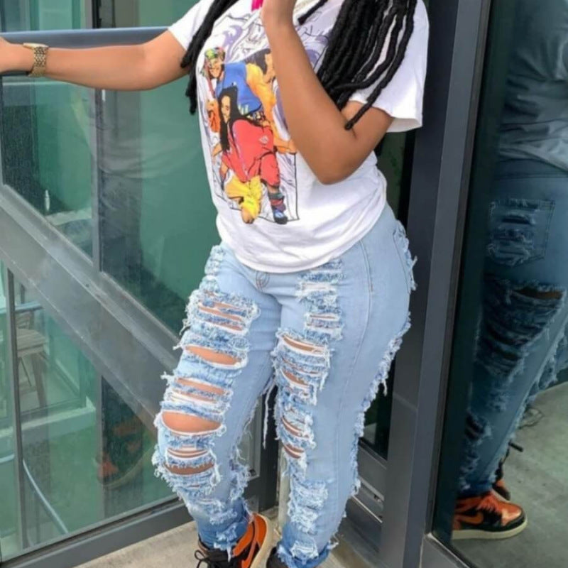Vaqueros ajustados, rasgados y elásticos de cintura alta para mujer