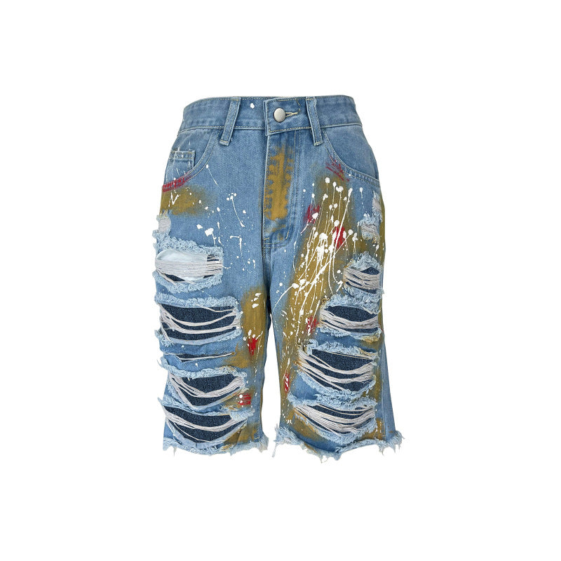 Pantalones vaqueros cortos rasgados con estampado casual a la moda para mujer