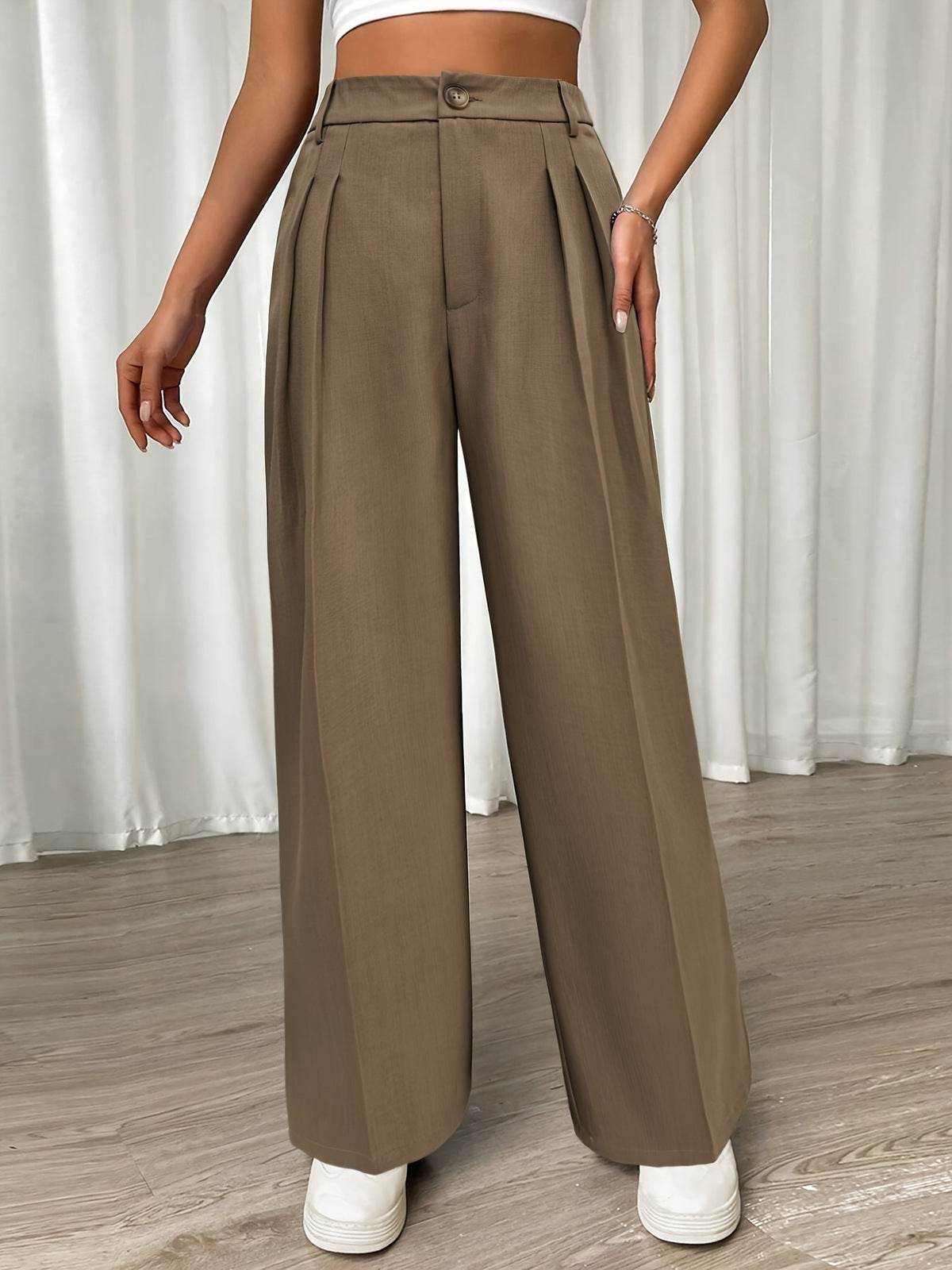 Women Fashion Casual Loose Button High Waist Straight Pants