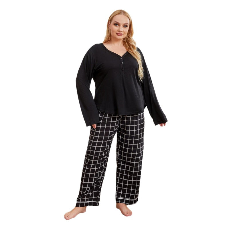 Conjunto de pijama informal de talla grande para mujer, de color liso, con top de manga larga y pantalones con estampado a cuadros